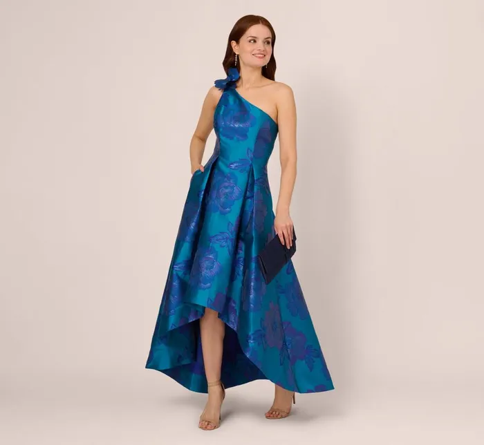 Adrianna Papell Formal Dresses Floral Jacquard One Shoulder High Low Gown With Rosette Accent In Teal Blue 8211 Women