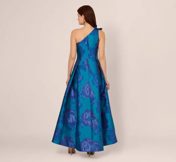 Adrianna Papell Formal Dresses Floral Jacquard One Shoulder High Low Gown With Rosette Accent In Teal Blue 8211 Women