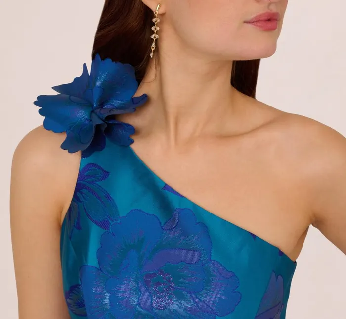 Adrianna Papell Formal Dresses Floral Jacquard One Shoulder High Low Gown With Rosette Accent In Teal Blue 8211 Women