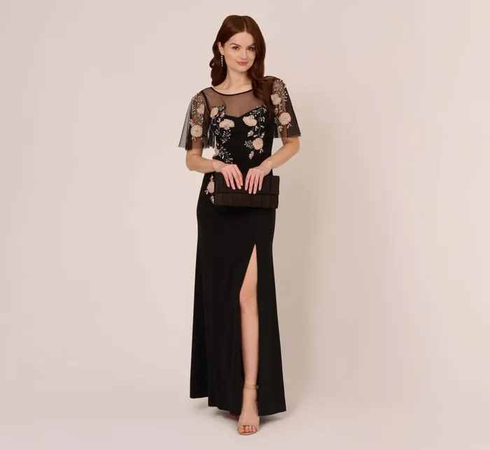 Adrianna Papell Formal Dresses Flutter Sleeve Crepe Gown With Floral Sequin Beading In Black Blush Multi 8211 Women