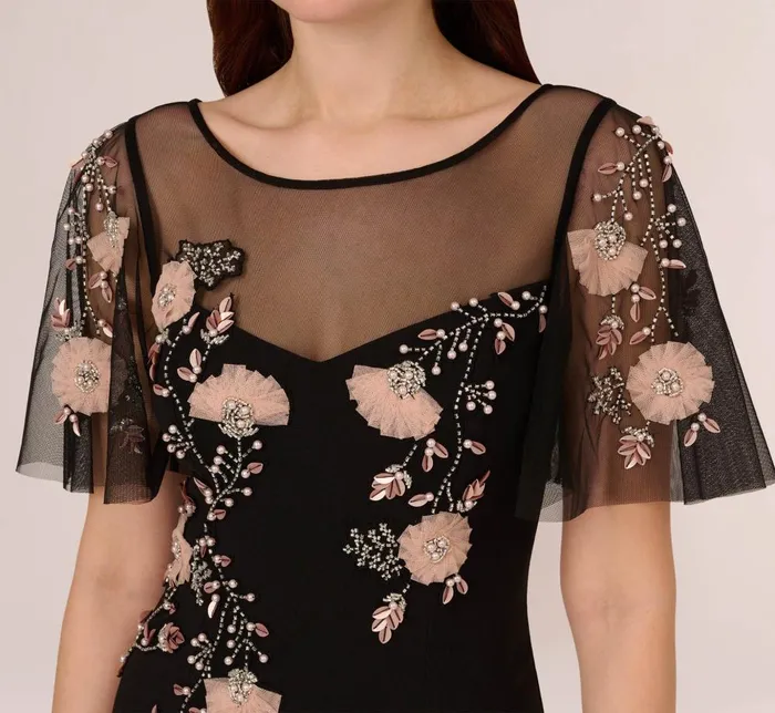 Adrianna Papell Formal Dresses Flutter Sleeve Crepe Gown With Floral Sequin Beading In Black Blush Multi 8211 Women