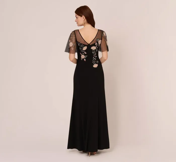 Adrianna Papell Formal Dresses Flutter Sleeve Crepe Gown With Floral Sequin Beading In Black Blush Multi 8211 Women
