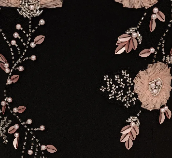 Adrianna Papell Formal Dresses Flutter Sleeve Crepe Gown With Floral Sequin Beading In Black Blush Multi 8211 Women