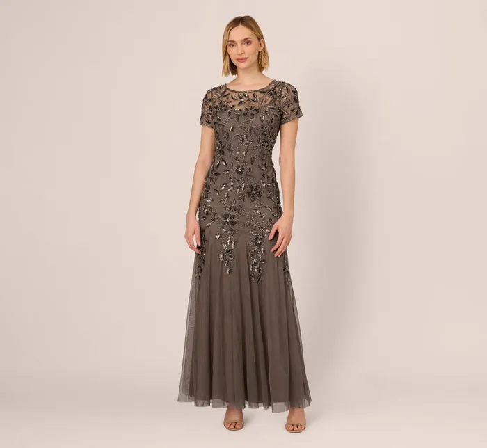 Adrianna Papell Formal Dresses Hand Beaded Short Sleeve Floral Godet Gown In Lead 8211 Women
