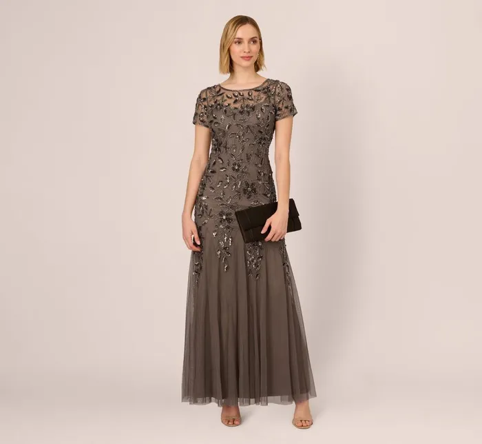 Adrianna Papell Formal Dresses Hand Beaded Short Sleeve Floral Godet Gown In Lead 8211 Women