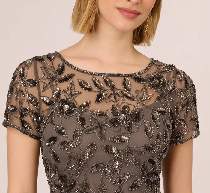 Adrianna Papell Formal Dresses Hand Beaded Short Sleeve Floral Godet Gown In Lead 8211 Women