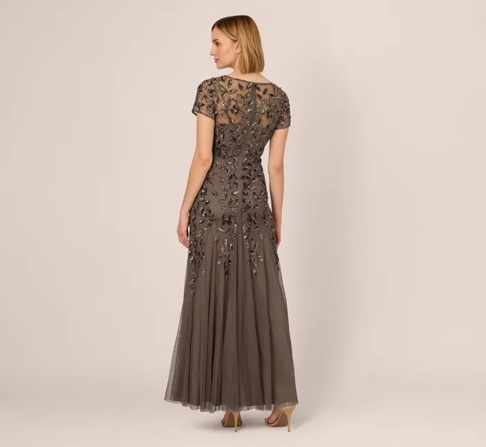 Adrianna Papell Formal Dresses Hand Beaded Short Sleeve Floral Godet Gown In Lead 8211 Women