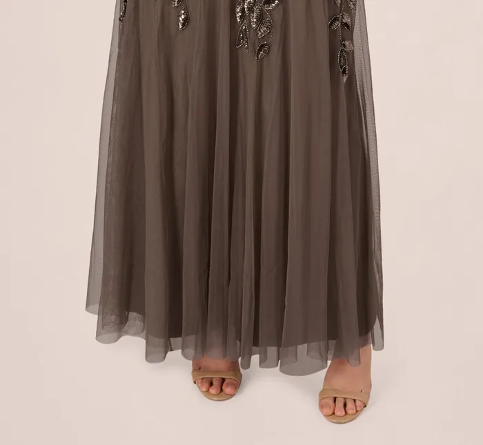 Adrianna Papell Formal Dresses Hand Beaded Short Sleeve Floral Godet Gown In Lead 8211 Women