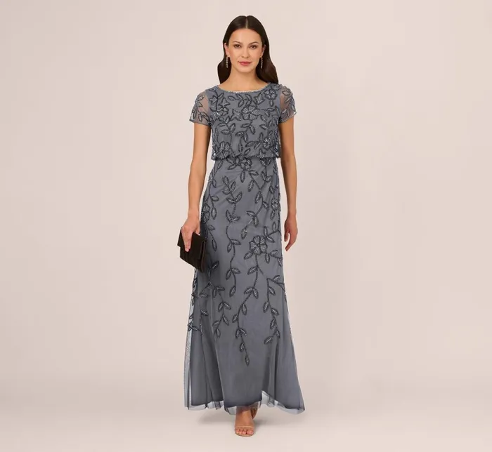 Adrianna Papell Formal Dresses Jasmine Beaded Blouson Gown With Sheer Short Sleeves In Dusty Blue 8211 Women
