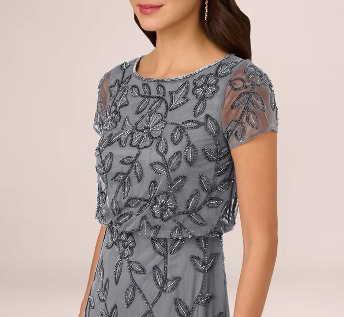 Adrianna Papell Formal Dresses Jasmine Beaded Blouson Gown With Sheer Short Sleeves In Dusty Blue 8211 Women