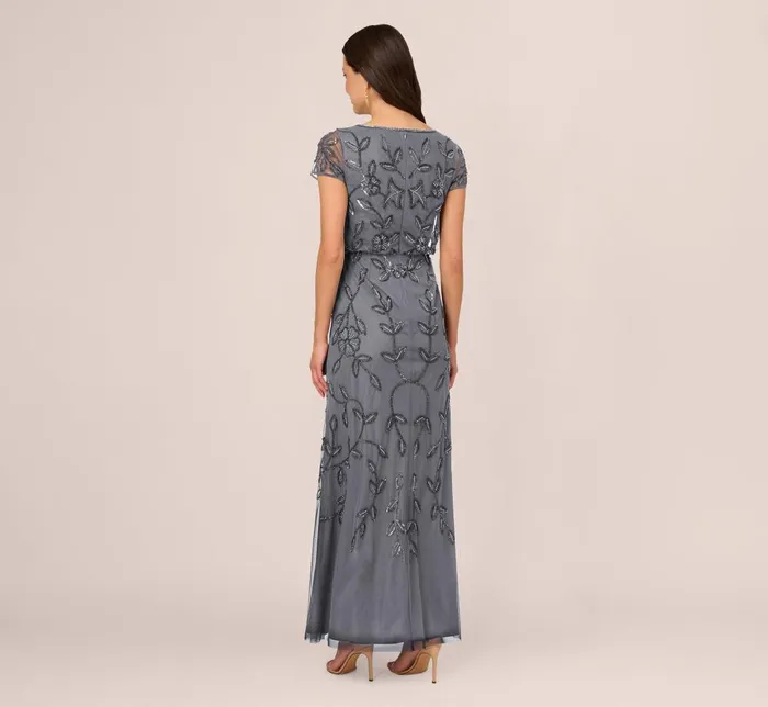 Adrianna Papell Formal Dresses Jasmine Beaded Blouson Gown With Sheer Short Sleeves In Dusty Blue 8211 Women