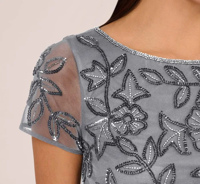 Adrianna Papell Formal Dresses Jasmine Beaded Blouson Gown With Sheer Short Sleeves In Dusty Blue 8211 Women