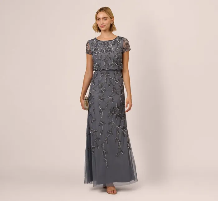Adrianna Papell Formal Dresses Jasmine Beaded Blouson Gown With Sheer Short Sleeves In Dusty Blue 8211 Women