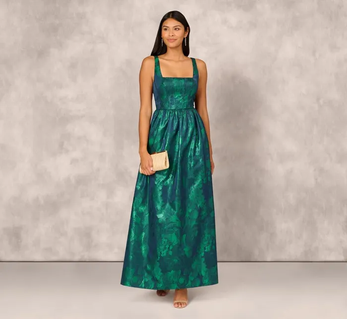 Adrianna Papell Formal Dresses Lame Satin Jacquard Gown With Square Neckline In Dark Ivy 8211 Women