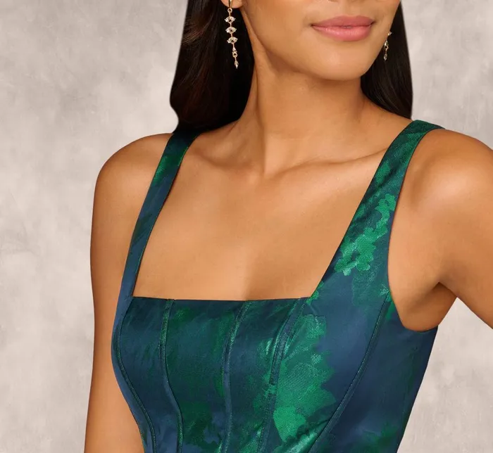 Adrianna Papell Formal Dresses Lame Satin Jacquard Gown With Square Neckline In Dark Ivy 8211 Women