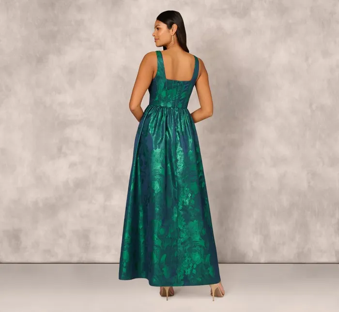 Adrianna Papell Formal Dresses Lame Satin Jacquard Gown With Square Neckline In Dark Ivy 8211 Women