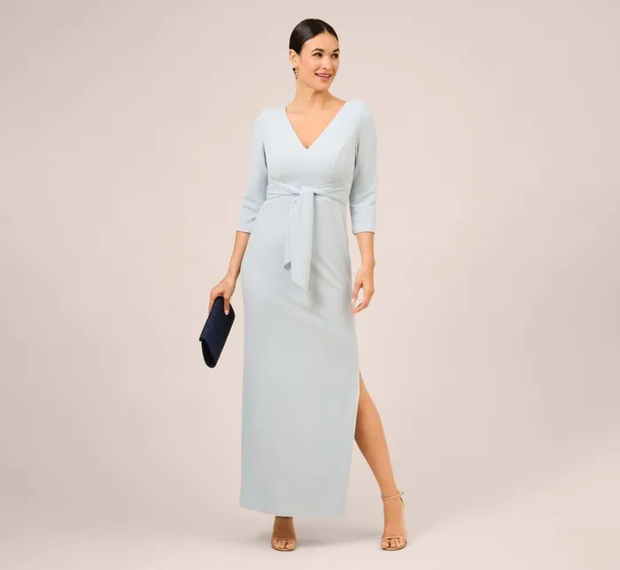 Adrianna Papell Formal Dresses Metallic Knit TieFront Long Column Gown In Skyway 8211 Women