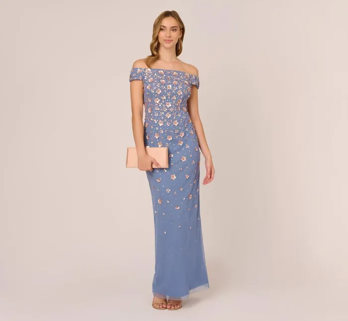 Adrianna Papell Formal Dresses Off Shoulder Dress With Floral Embellishment In French Blue Coral 8211 Women