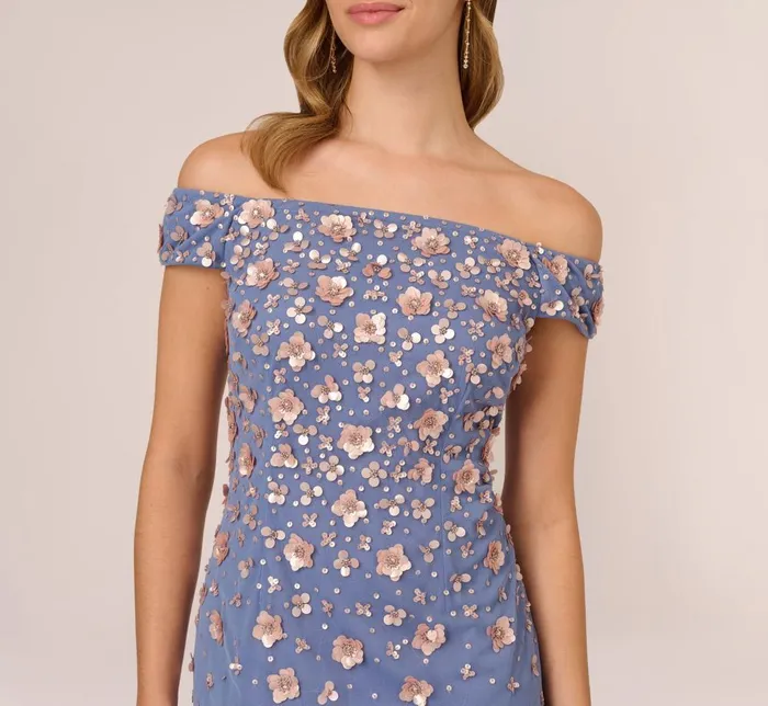 Adrianna Papell Formal Dresses Off Shoulder Dress With Floral Embellishment In French Blue Coral 8211 Women