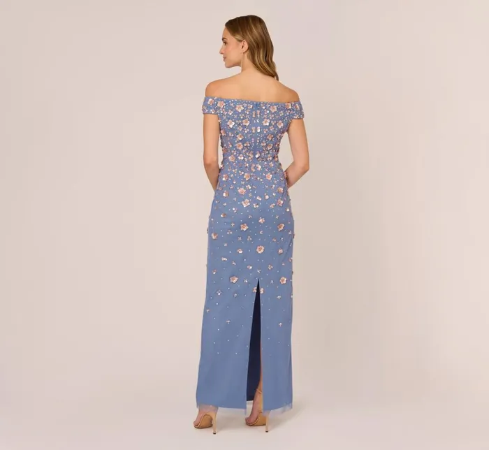 Adrianna Papell Formal Dresses Off Shoulder Dress With Floral Embellishment In French Blue Coral 8211 Women