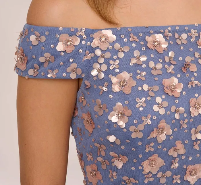 Adrianna Papell Formal Dresses Off Shoulder Dress With Floral Embellishment In French Blue Coral 8211 Women