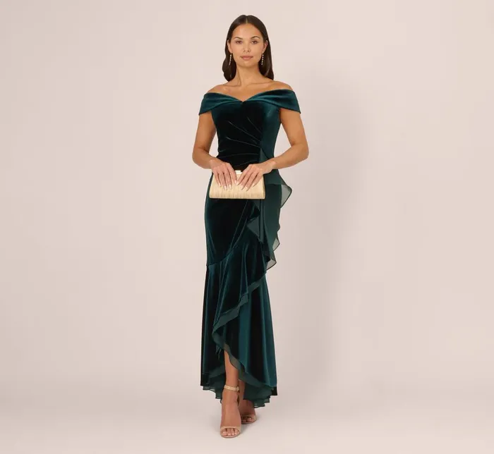 Adrianna Papell Formal Dresses Off The Shoulder Velvet Mermaid Gown With Organza Ruffle In Hunter 8211 Women