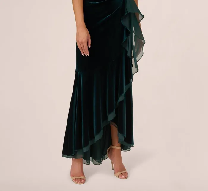 Adrianna Papell Formal Dresses Off The Shoulder Velvet Mermaid Gown With Organza Ruffle In Hunter 8211 Women