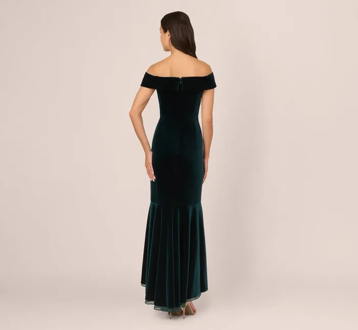 Adrianna Papell Formal Dresses Off The Shoulder Velvet Mermaid Gown With Organza Ruffle In Hunter 8211 Women
