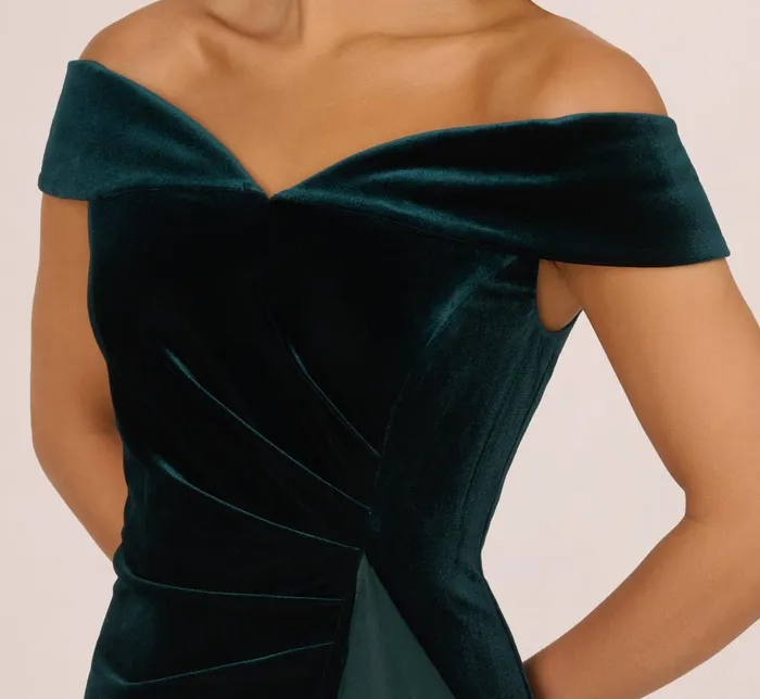 Adrianna Papell Formal Dresses Off The Shoulder Velvet Mermaid Gown With Organza Ruffle In Hunter 8211 Women