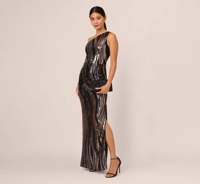 Adrianna Papell Formal Dresses One Shoulder Abstract Sequin Gown In Black Multi 8211 Women