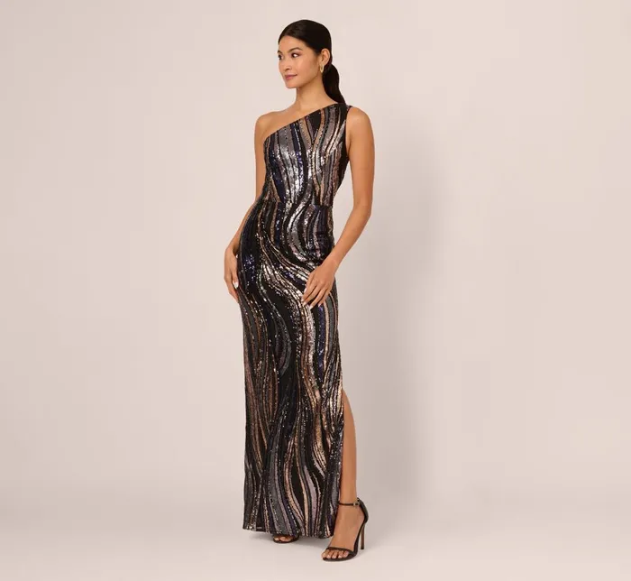 Adrianna Papell Formal Dresses One Shoulder Abstract Sequin Gown In Black Multi 8211 Women