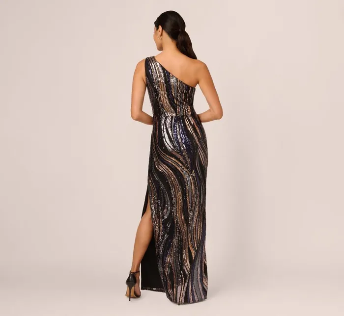 Adrianna Papell Formal Dresses One Shoulder Abstract Sequin Gown In Black Multi 8211 Women