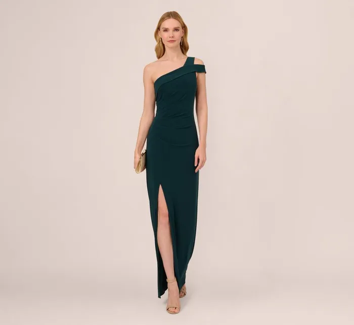 Adrianna Papell Formal Dresses One Shoulder Column Gown With Cutout Shoulder In Hunter 8211 Women