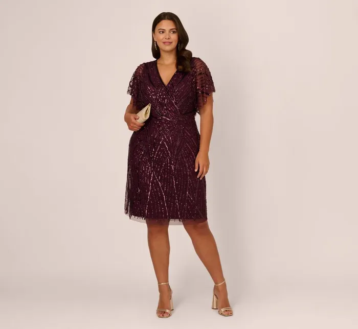 Adrianna Papell Formal Dresses Plus Size Beaded Surplice Midi Dress With Dolman Sleeves In Deep Amethyst 8211 Women