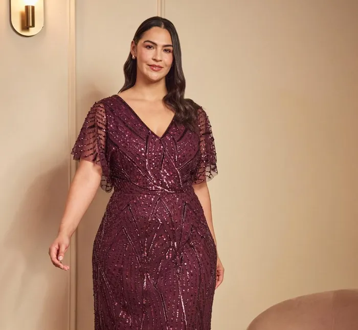 Adrianna Papell Formal Dresses Plus Size Beaded Surplice Midi Dress With Dolman Sleeves In Deep Amethyst 8211 Women