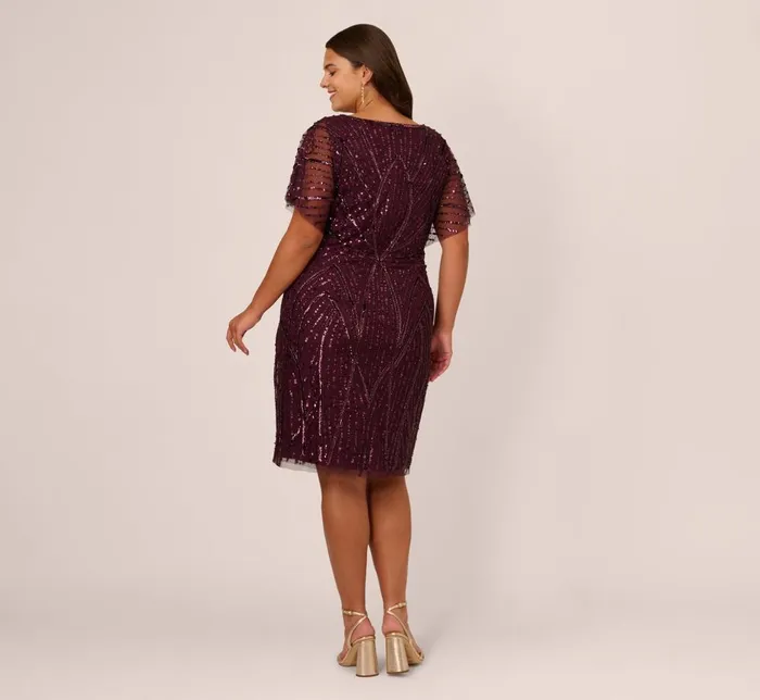Adrianna Papell Formal Dresses Plus Size Beaded Surplice Midi Dress With Dolman Sleeves In Deep Amethyst 8211 Women