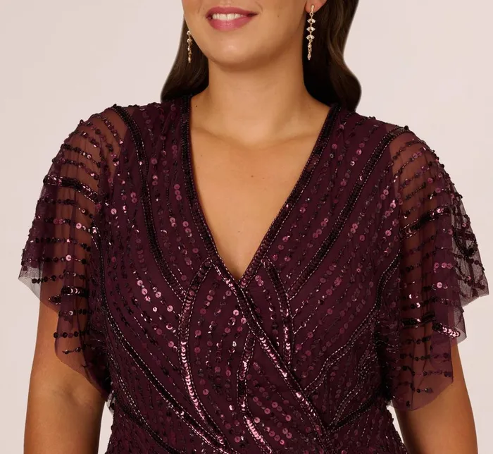 Adrianna Papell Formal Dresses Plus Size Beaded Surplice Midi Dress With Dolman Sleeves In Deep Amethyst 8211 Women