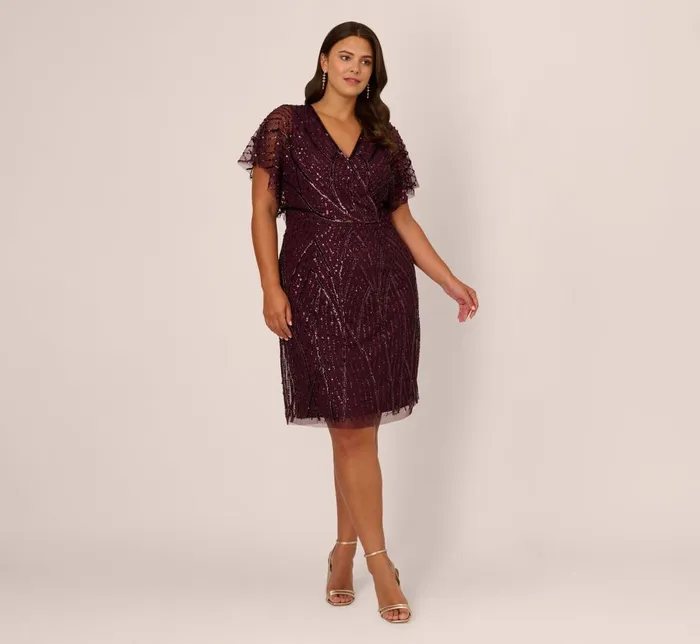 Adrianna Papell Formal Dresses Plus Size Beaded Surplice Midi Dress With Dolman Sleeves In Deep Amethyst 8211 Women