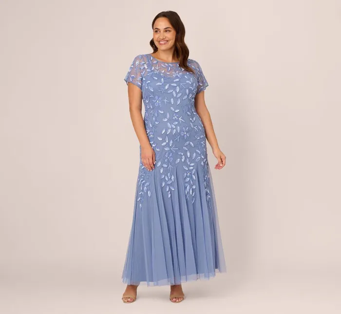Adrianna Papell Formal Dresses Plus Size Hand Beaded Short Sleeve Floral Godet Gown In French Blue 8211 Women