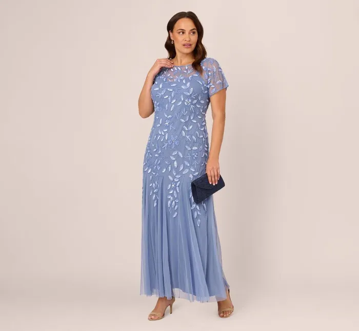 Adrianna Papell Formal Dresses Plus Size Hand Beaded Short Sleeve Floral Godet Gown In French Blue 8211 Women