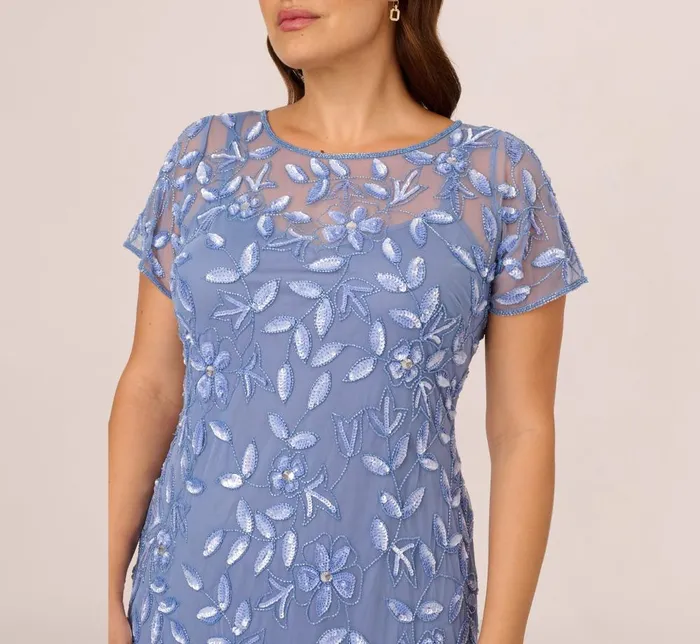 Adrianna Papell Formal Dresses Plus Size Hand Beaded Short Sleeve Floral Godet Gown In French Blue 8211 Women