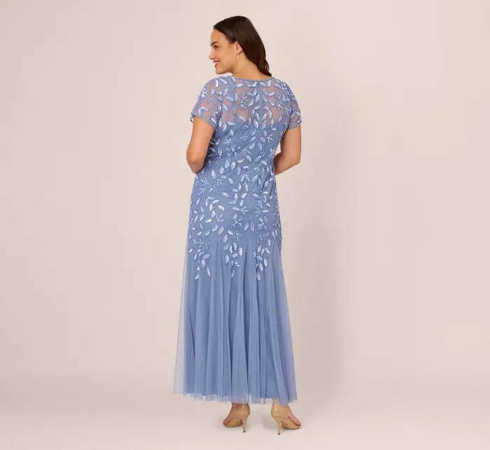 Adrianna Papell Formal Dresses Plus Size Hand Beaded Short Sleeve Floral Godet Gown In French Blue 8211 Women