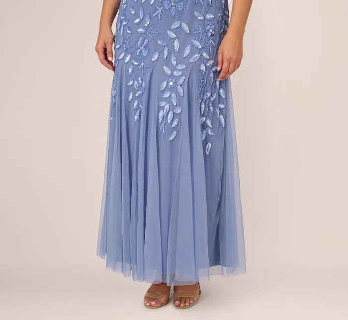 Adrianna Papell Formal Dresses Plus Size Hand Beaded Short Sleeve Floral Godet Gown In French Blue 8211 Women