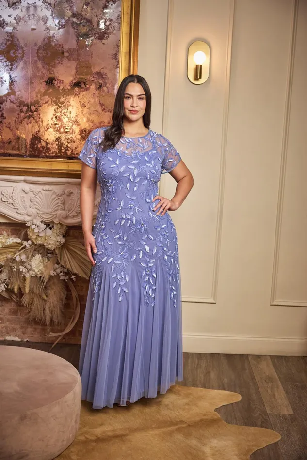 Adrianna Papell Formal Dresses Plus Size Hand Beaded Short Sleeve Floral Godet Gown In French Blue 8211 Women
