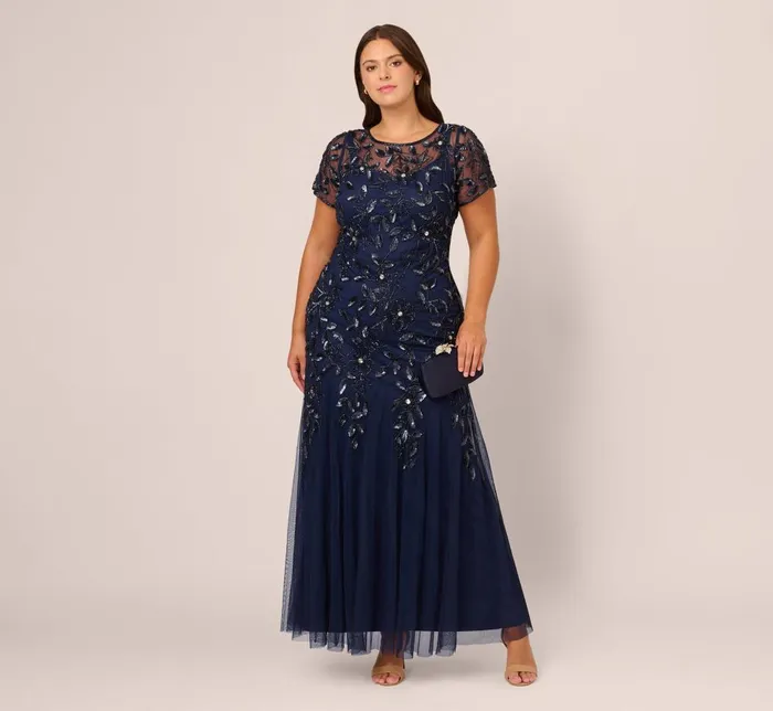 Adrianna Papell Formal Dresses Plus Size Hand Beaded Short Sleeve Floral Godet Gown In Light Navy 8211 Women