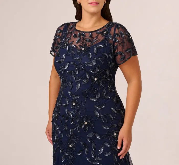 Adrianna Papell Formal Dresses Plus Size Hand Beaded Short Sleeve Floral Godet Gown In Light Navy 8211 Women