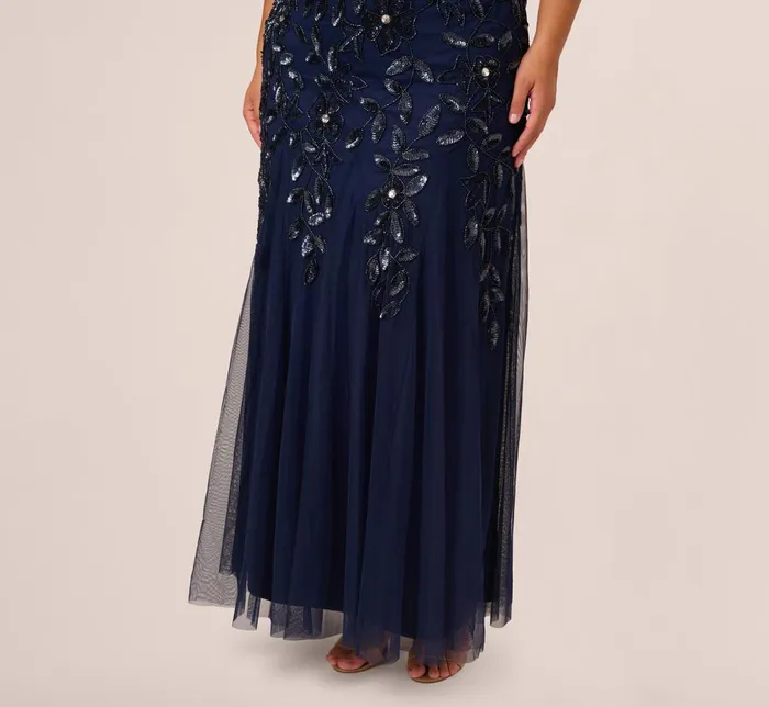 Adrianna Papell Formal Dresses Plus Size Hand Beaded Short Sleeve Floral Godet Gown In Light Navy 8211 Women