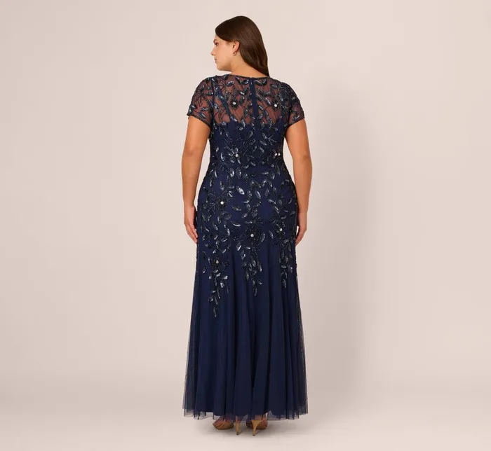 Adrianna Papell Formal Dresses Plus Size Hand Beaded Short Sleeve Floral Godet Gown In Light Navy 8211 Women