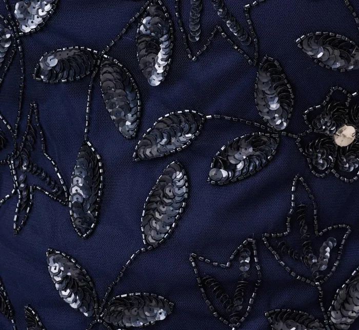 Adrianna Papell Formal Dresses Plus Size Hand Beaded Short Sleeve Floral Godet Gown In Light Navy 8211 Women