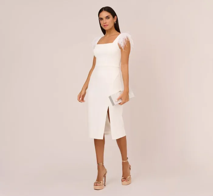 Adrianna Papell PetiteFriendly Knit Crepe Midi Dress With Feather Shoulder Accents In Ivory 8211 Women